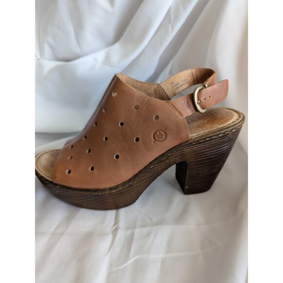 Born Brown Leather Perforated Peep Toe Slingback Wood Heel Platform Sandals - Picture 5 of 8